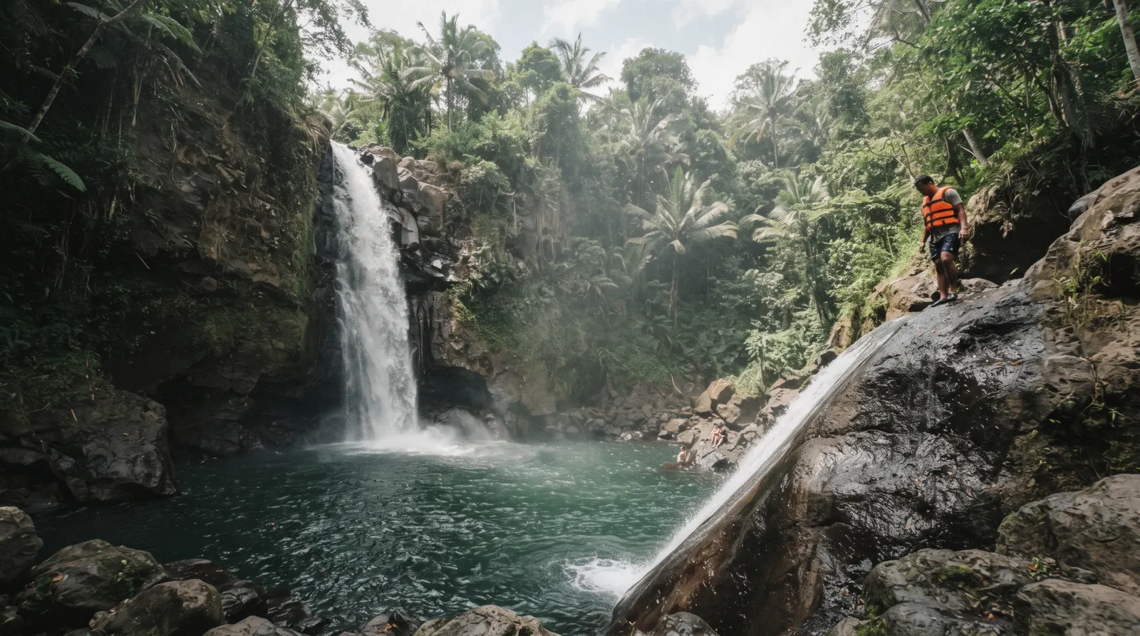 A tall single stream of water falling over a dark rock face into a deep green pool, with wet stone steps and jungle walls on both sides, at aling aling waterfall in Sambangan village, Buleleng, North Bali