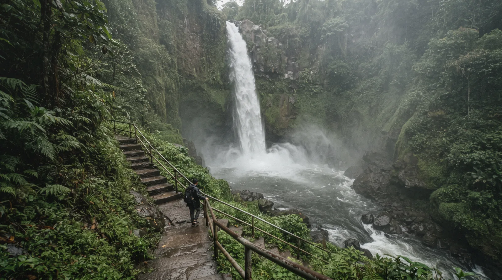 A tall single-drop waterfall plunging about 50 metres into a misty green canyon with concrete steps visible descending the cliffside at Nungnung Waterfall in Badung Regency, Bali, Indonesia