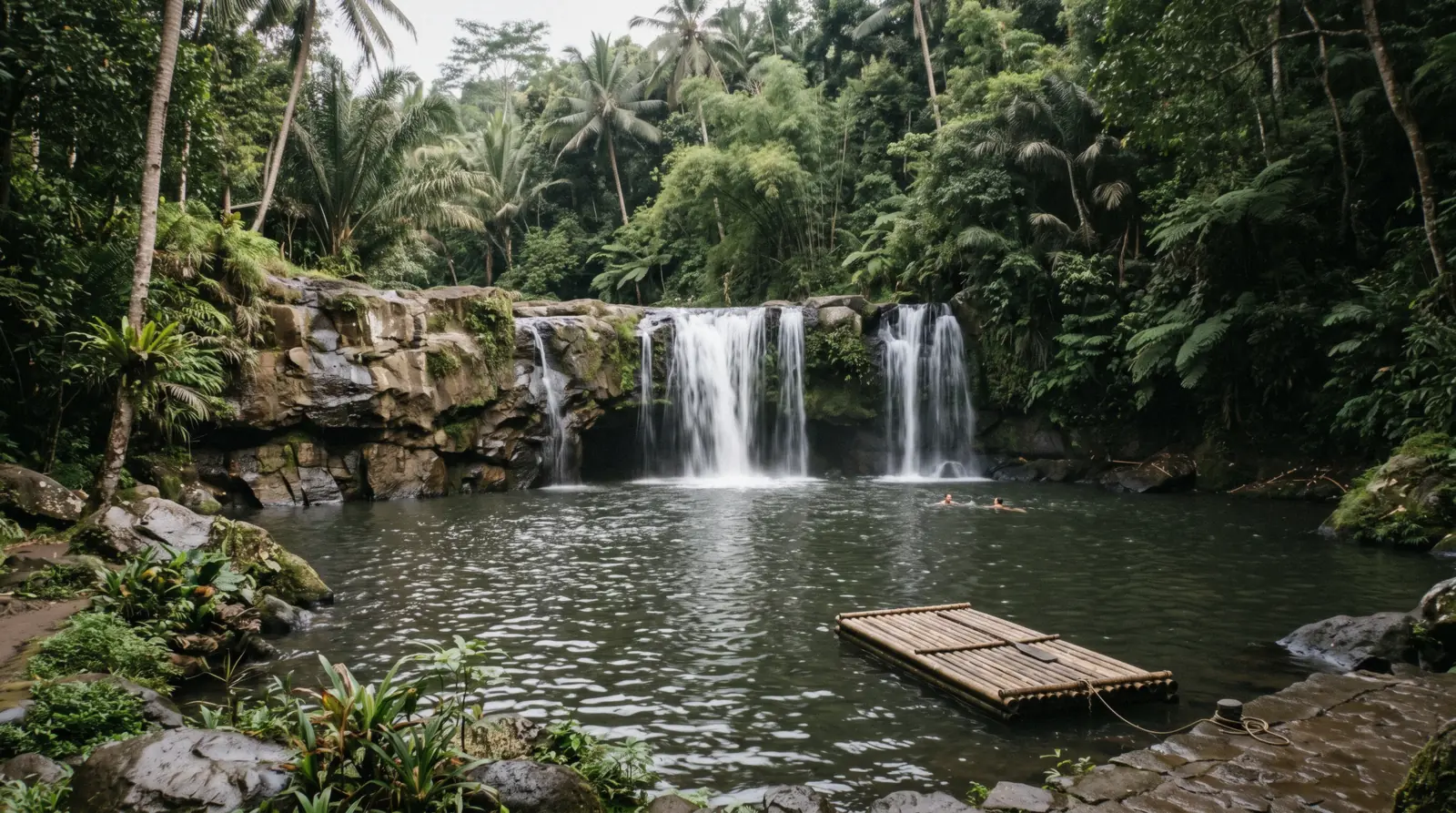 A 15 meter single-drop waterfall pouring into a deep green swimming pool with a bamboo raft floating below, jungle and bamboo lining the ravine, suwat waterfall Gianyar Bali